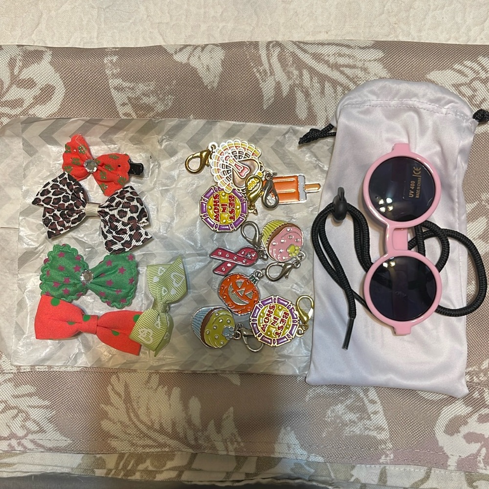 Dog sunglasses, hair bows, and leash charms
